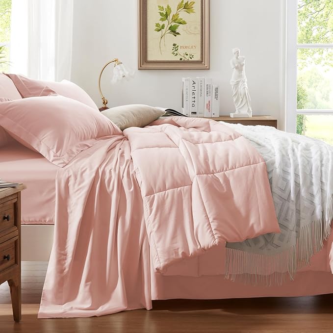 Anluoer Twin Size Bed in a Bag 5 Pieces, Pink Bed Comforter Set with Sheets, All Season Bedding Sets with 1 Comforter, 1 Pillow Sham, 1 Pillowcase, 1 Flat Sheet, 1 Fitted Sheet