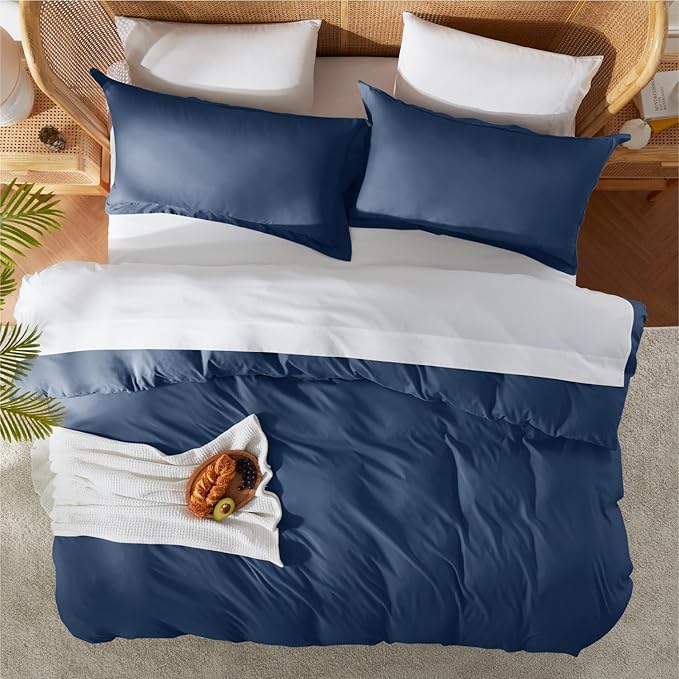 Nestl Queen Duvet Cover Set with Comforter Insert - Navy Blue 4 Piece 90x90 Duvet Cover & 2 Pillow Shams with White Quilted Down Alternative Comforter, Ultra Soft, All Season