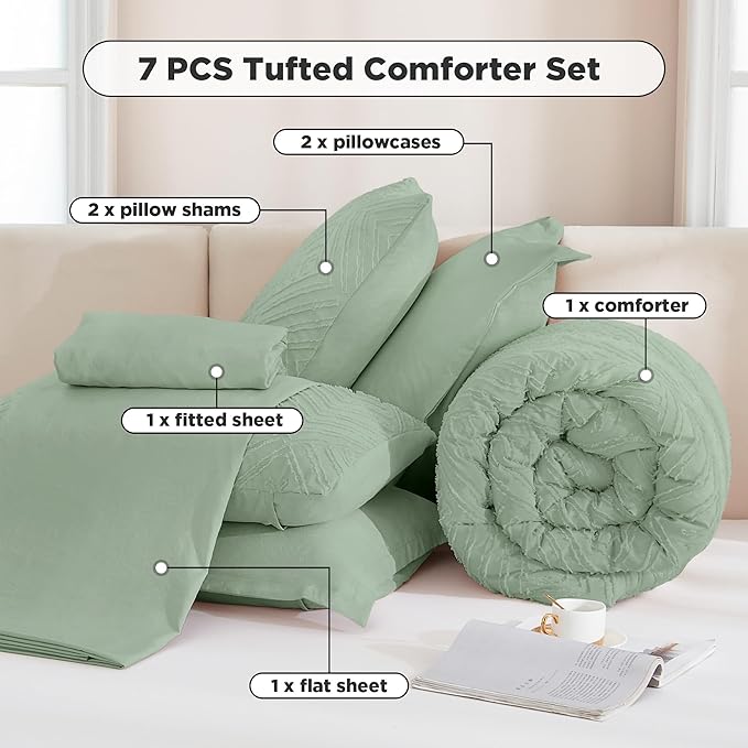 Andency Queen Comforter Set 7 Piece Sage Green - Bed in a Bag Queen Boho Lightweight Fluffy Tufted Bedding Sets with Comforter, Sheets, Pillowcases & Shams