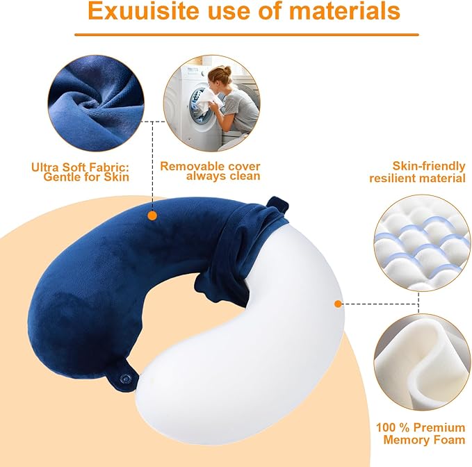 Travel Pillow,100% Pure Memory Foam U Shaped Neck Pillow,Super Lightweight Portable Headrest Great for Airplane, Car,Home,Office,Sleeping Rest (Blue)