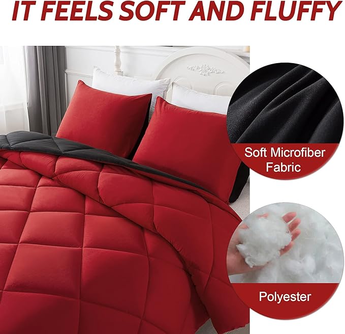 Decroom Lightweight California King Comforter Set with 2 Pillow Sham - 3 Pieces Set - Quilted Down Alternative Comforter/Duvet Insert for All Season - Red/Black - Cal King Size