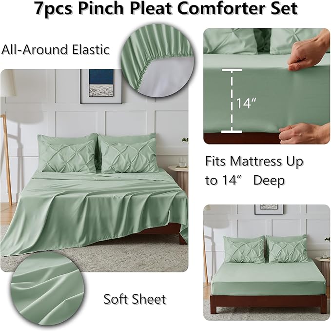 Queen Comforter Set Sage Green, 7 Pieces Pintuck Bed in A Bag Queen Size Bedding, Soft Bed Set All Season Pinch Pleat Comforter Set with Sheets, Pillowcases & Shams