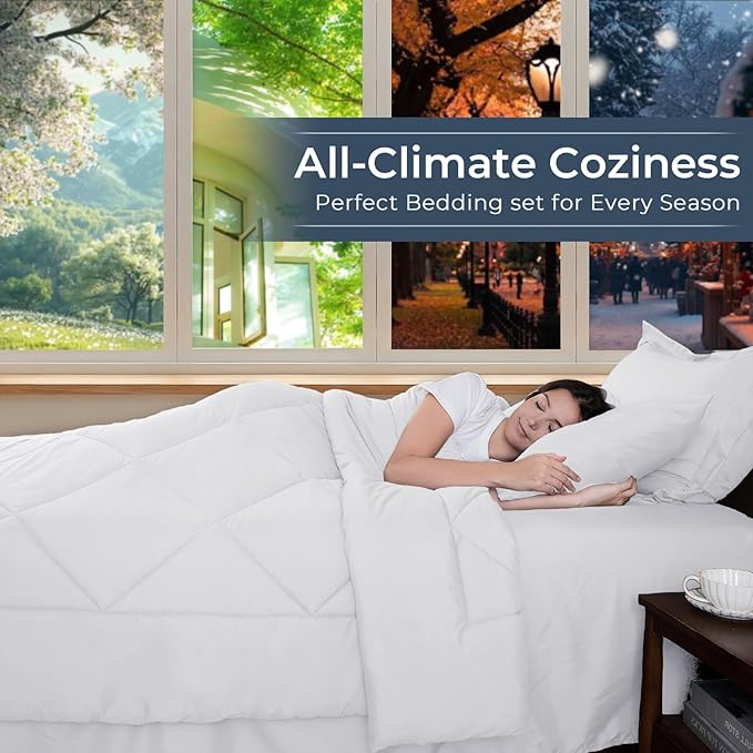 HEVUMYI Full Comforter Set - 7-Piece All Season Bed in a Bag Full, Ultra Soft Bedding Set with Comforter, Flat Sheet, Fitted Sheet, Pillowcases, Pillow Shams, White