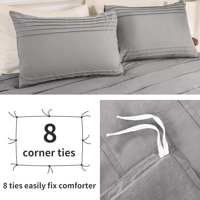 NEXHOME PRO 100% Washed Cotton Duvet Cover Twin Size, Linen Pleated Duvet Cover Set Light Grey, 2pc Organic Bedding Set with Zipper Closure, Soft, Lightweight and Breathable (68"x90", No Comforter)