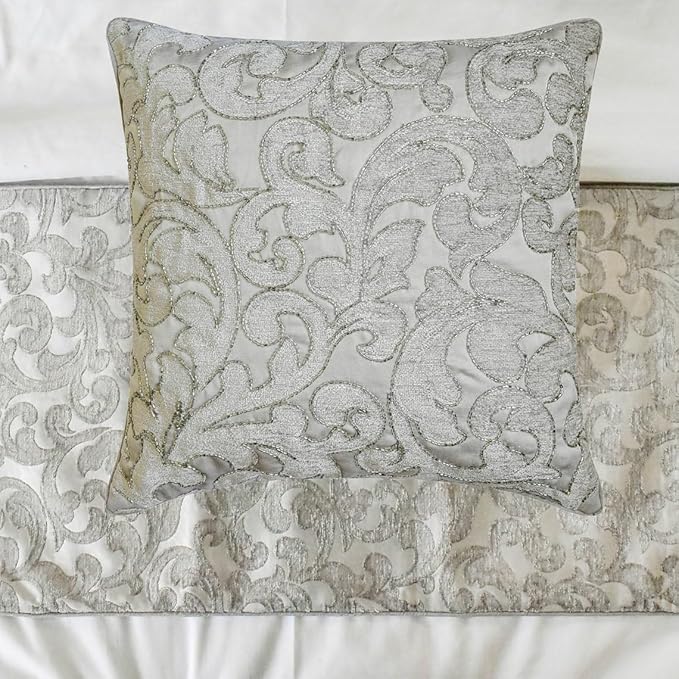 The HomeCentric King/Queen/Twin Silver Luxury Full 68"x18" Bed Runner with One Pillow Cover, Abstract, Floral, Bead Hand Embroidery Bed Scarf on Jacquard Fabric - Ethereal Silver