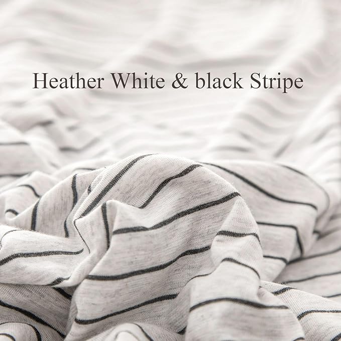 PURE ERA Jersey Knit Duvet Cover Set 100% T-Shirt Heather Cotton Super Soft Comfy Classic Striped Design, with Zipper Closure, Heather White & Black Pinstripe, Queen