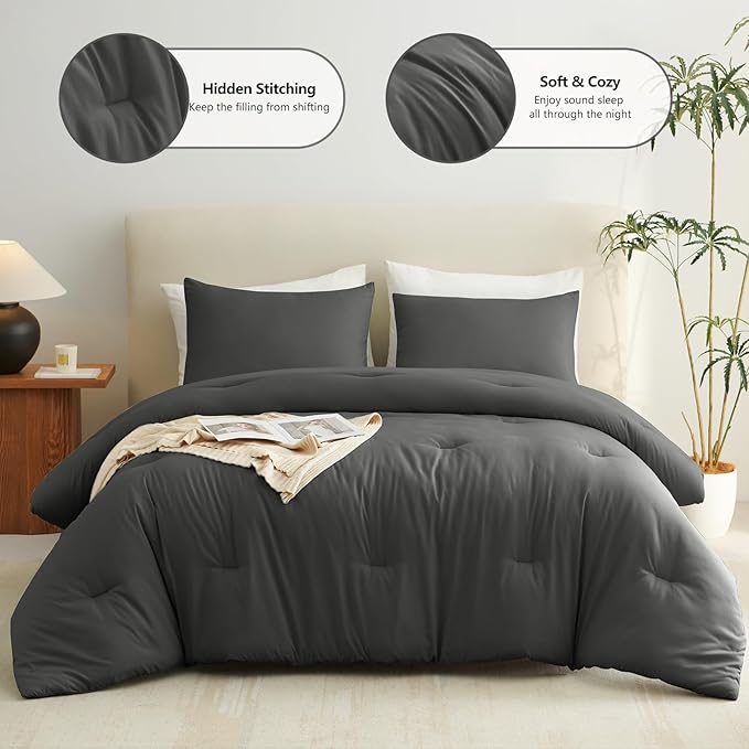 CozyLux Oversized Queen Comforter Set Dark Grey, 3 Pieces 98x98 Solid Breathable Quilted Style Bedding Sets All Season, Luxury Soft Down Alternative Comforter Bed Set (1 Comforter & 2 Pillowcases)