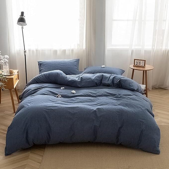 FACE TWO FACE Bedding Duvet Cover Set100% Washed Cotton Duvet Cover Linen Like Textured Breathable Durable Soft Comfy (King, Navy Blue)