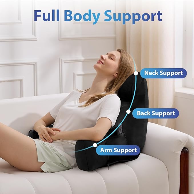 Reading Pillow with Arms for Adult, Back Pillow for Bed Sitting Up, Shredded Memory Foam Backrest Pillow with Pockets & Removable Washable Cover, Lounging, Watching TV, Reading(20" Black)