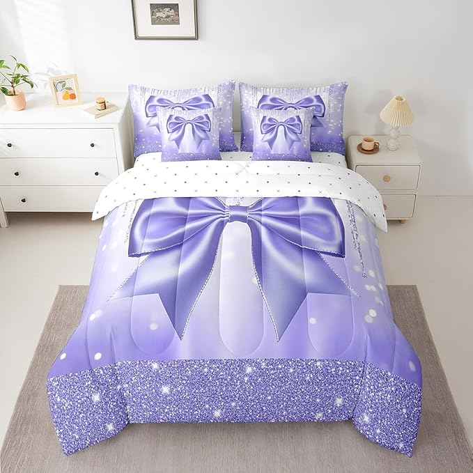 Feelyou Kids Cute Bowknot 7 Pieces Bedding Set Twin Size, Dreamy Princess Bed in A Bag Boys Girls Glitter Comforter Set with Sheets Watercolor Bow Teens Bed Set Bedroom Decor 7Pcs