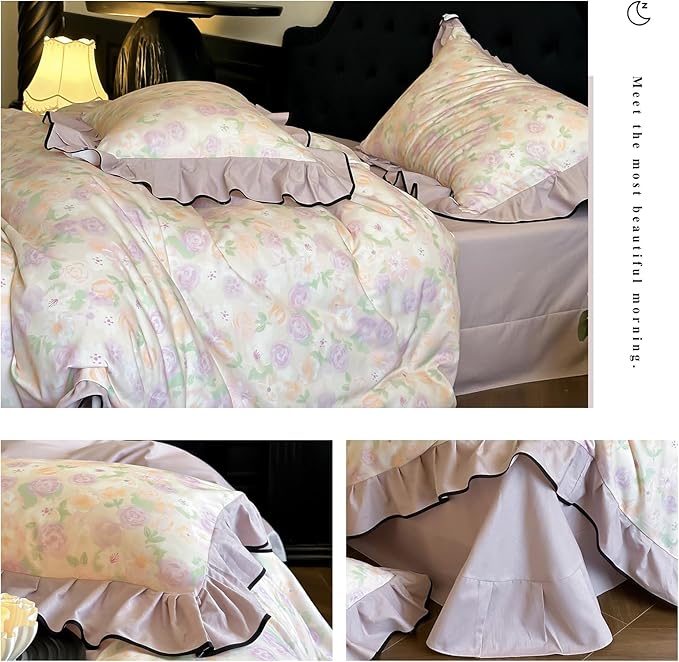HighBuy Purple Floral Ruffle Duvet Cover Set King Brushed Cotton Durable with Ruffle Edge,Boho Chic Cottagecore Floral Bedding Comforter Cover Set - (1 Duvet Cover with 2 Pillow Shams)