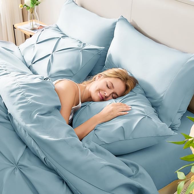 King Comforter Set Light Blue, 7 Pieces Pintuck Bed in A Bag King Size Bedding, Soft Bed Set All Season Pinch Pleat Comforter Set with Sheets, Pillowcases & Shams
