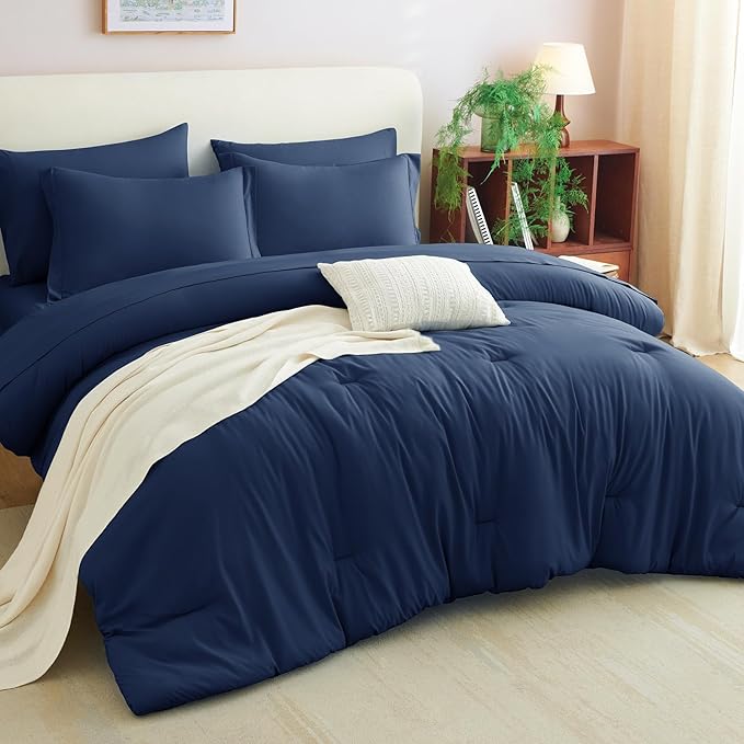 CozyLux King Comforter Set Navy Blue, 7 Pieces Bed in a Bag Bedding Comforter Set with Sheets, All Season Boho 7PC Bed Sets with Comforter, Fitted Sheets, Flat Sheets, Pillow Shams and Pillowcases