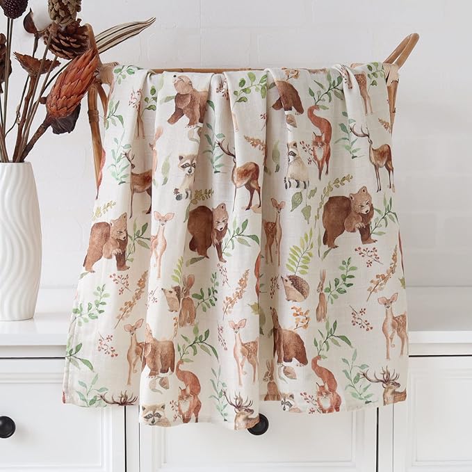 LifeTree Muslin Swaddle Blankets, Muslin Baby Boy Swaddle Blanket and Hat Set with Birth Announcement Card, Newborn Unisex Receiving Blankets Woodland Forest Animals