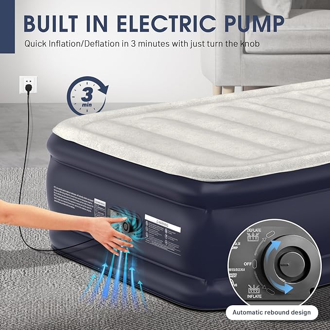 Twin Air Mattress with Built-in Pump,18''Raised Blow Up Mattress 2 Mins Self Inflation/Deflation,Upgraded Thicker Inflatable Mattress，Flocked Top Air Bed with Storage Bag for Guests,Home，Camping