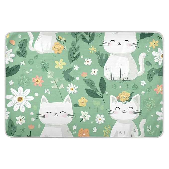 Waterproof Bed Pad Reusable Changing Pad Toddler Mattress Protector Large Pee Pad Baby Diaper Pad Soft Washable Liner Green Cute Cats and Flowers