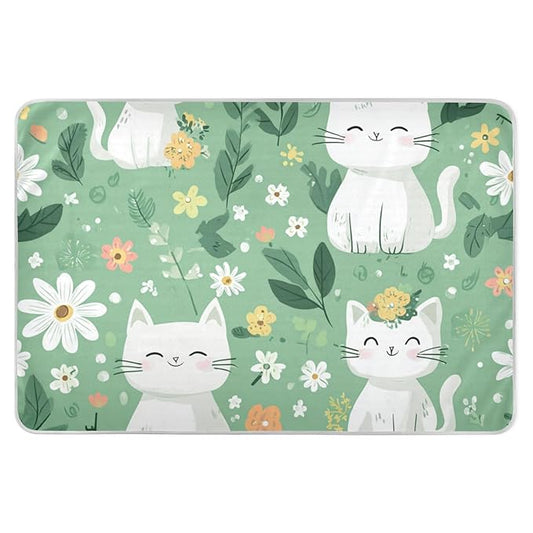 Waterproof Bed Pad Reusable Changing Pad Toddler Mattress Protector Large Pee Pad Baby Diaper Pad Soft Washable Liner Green Cute Cats and Flowers