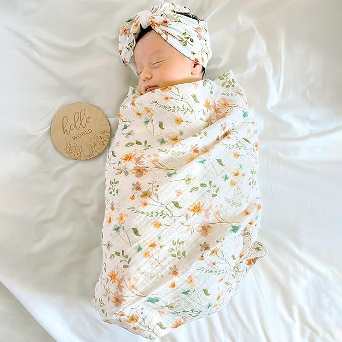LifeTree Newborn Swaddle Set with Matching Hat and Bow Set, Wooden Birth Announcement Card, Floral Baby Girl Newborn Receiving Blankets Baby Swaddle Nursery Wildflower