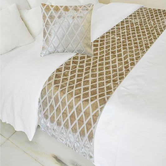 The HomeCentric King/Queen/Twin Ivory Decorative Bed Runner King 90"x18" Bed Runner with One Pillow Cover, Diamond Pattern, Velvet Cut Bed Scarf on Velvet Fabric - Ivory Velvet Verve