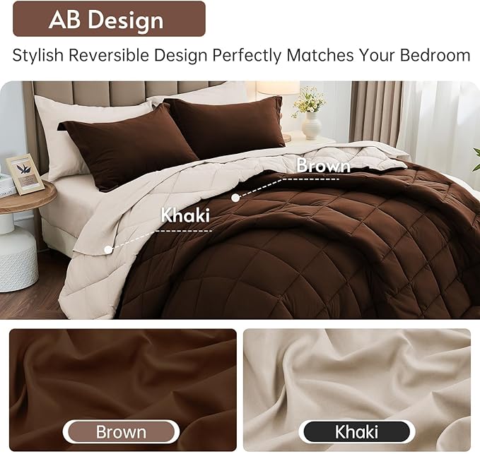 MUXHOMO 7 Pieces King Comforter Set, Reversible Bed in a Bag King Size, All Season Bedding Set with Comforter, Flat Sheet, Fitted Sheet, Pillowcases & Shams, Brown & Khaki