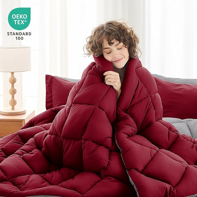 MUXHOMO 5 Pieces Twin XL Comforter Set, Reversible Bed in a Bag Twin XL Size, All Season Bedding Set with Comforter, Flat Sheet, Fitted Sheet, Pillowcases & Shams, Burgundy & Grey