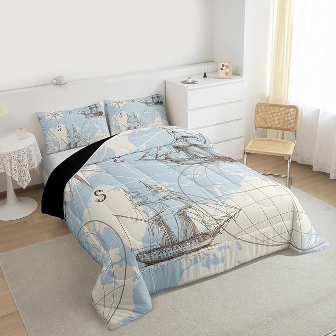Erosebridal Nautical Comforter Set King, Vinatge Sailboat Bedding Set Room Decor, White Blue World Map Sketch Down Comforter, Retro Anchor Compass Quilt Set, Yacht Ship Bedding Comforter Sets, 3Pcs