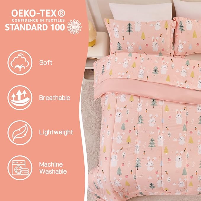 Yibeizi Pink Bunny Kids Comforter Set for Girls Twin, Cute Quilted Printed Woodland Bedding Set with Pillow Sham, Lightweight Soft Breathable Machine Washable Bed Set 2 Piece