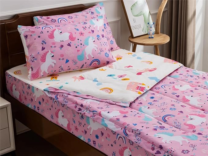 NTBED Unicorn Printed Zipper Bedding Sets Full for Girls Kids Lightweight Microfiber Floral Comforter Sets with Fitted Sheet Pillow Covers,Pink