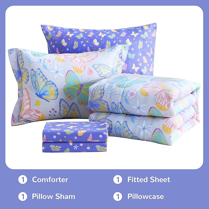 Viviland Kids Twin Bedding Sets for Girls, Soft Twin Comforter Set with Sheets, 5 Pieces Microfiber Bed in a Bag, Colorful Butterfly