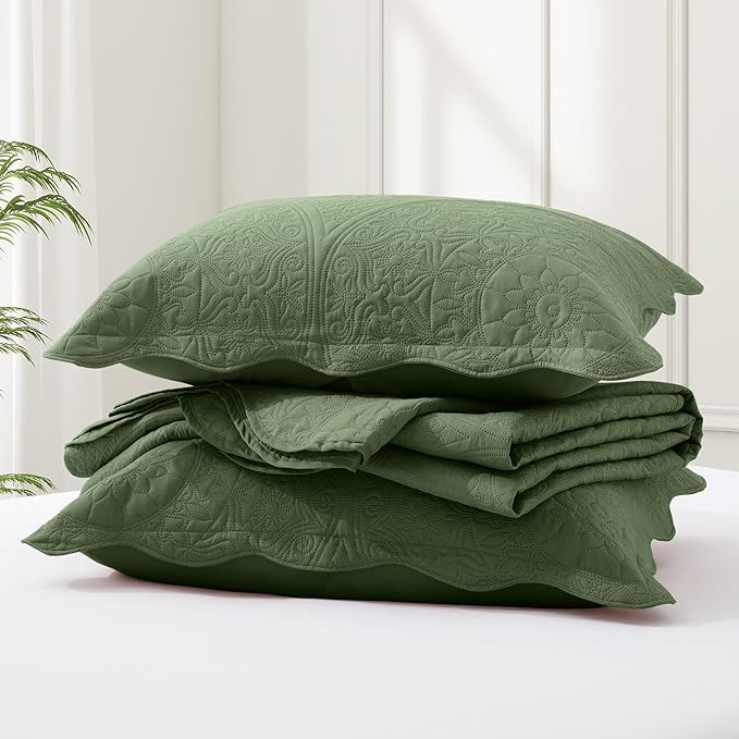 IR Imperial Rooms California King Quilt Bedding Set Size (118"x106") + 2 Pillow Shams (20" x 36"+ 2") - 3 Pcs All Season Reversible Microfiber Coverlet Embossed Floral Quilt Bedspread (Olive Green)
