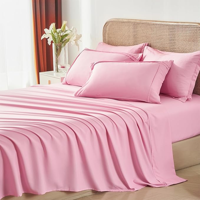 Yogeneg King Size Comforter Set 7 Piece Bed in a Bag,Grid Pinch Pleat Pink Bedding Set,Striped Textured Soft Microfiber Comforter with Sheet Set,All Season Complete Bed Set(Pink,King)