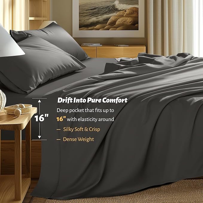 Shilucheng 100% Egyptian Cotton Queen Size Sheets Set - 1000 Thread Count，Luxury Cotton Bed Sheets，Breathable & Cooling Bedding and Pillow Cases, 16 Inch Deep Pocket - 6 Piece (Dark Grey, Queen)