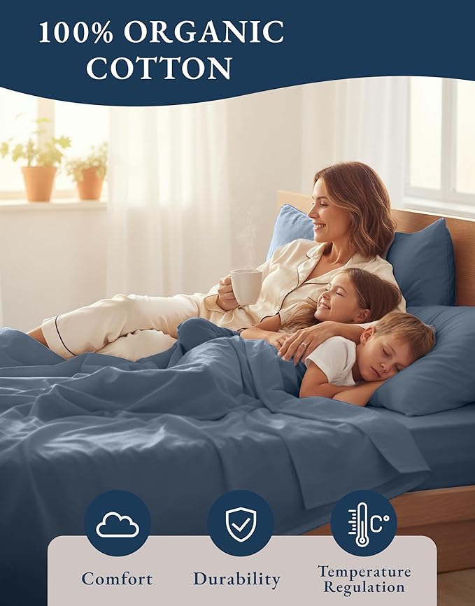 LANE LINEN 100% Organic Cotton Sheets for King Size Bed - Soft Percale Sheets, Breathable Luxury Hotel Style Machine Washable Fully Elasticized Mercerized 15" Deep Pocket King Sheet Set- Estate Blue
