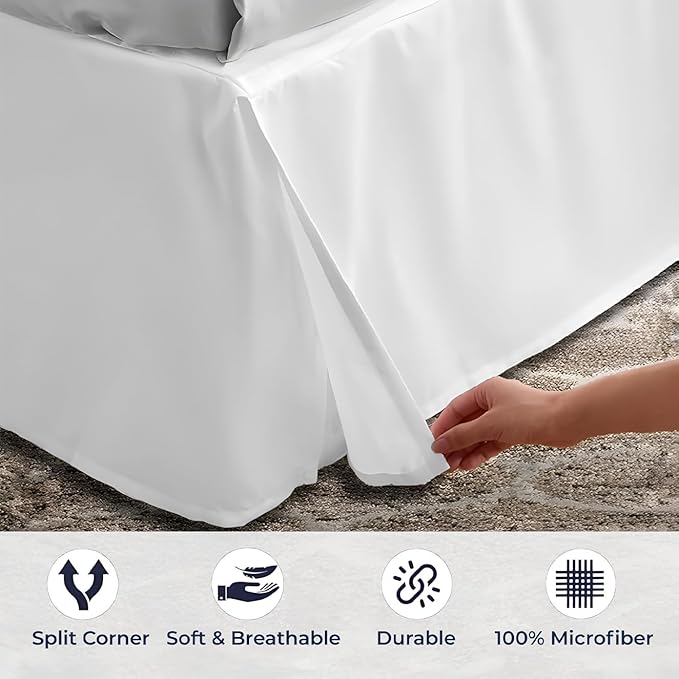 SGI Bedding 21 inch Drop Bed Skirt King Size - Platform Style with Secure Fit, Classic Tailored Look, Elegant Pleated Style Dust Ruffle, Split Corners, Wrinkle Resistant Microfiber - White