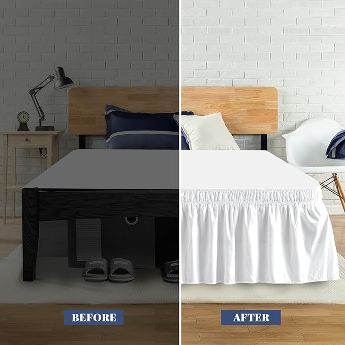 Full Bed Skirt, Elastic Wrap Around Bed Skirt Full Size, Bed Skirts for Adjustable Bed, Easy Fit with 18" Drop Length Tailored Drop Dust Ruffle (White)