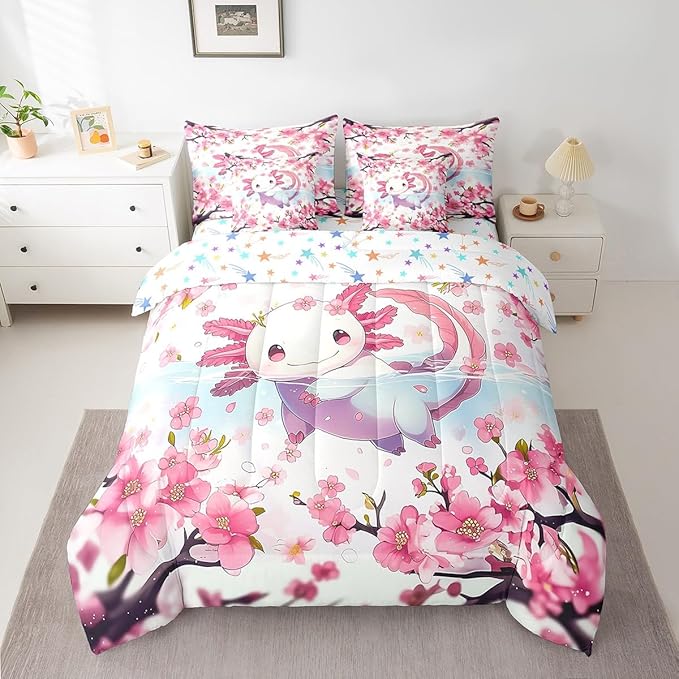 Feelyou Boys Girls Cute Axolotl 7 Pieces Bedding Sets Twin Size, Cartoon Salamander Bed in A Bag Ocean Sealife Comforter Set with Sheets Kids Kawaii Teens Bed Set Bedroom Decor