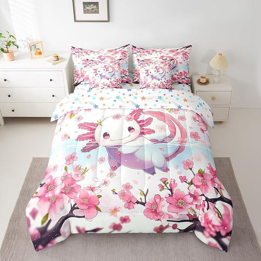 Feelyou Boys Girls Cute Axolotl 7 Pieces Bedding Sets Twin Size, Cartoon Salamander Bed in A Bag Ocean Sealife Comforter Set with Sheets Kids Kawaii Teens Bed Set Bedroom Decor