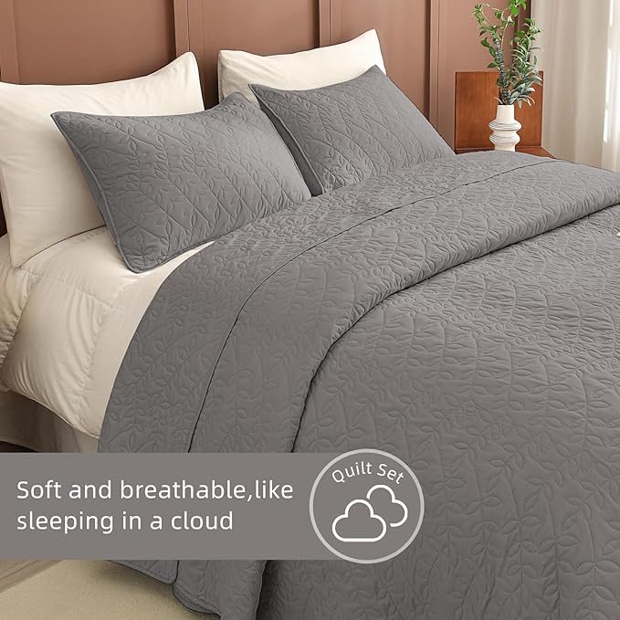 Lady Ann Gray Oversized King Bedspread 120x120, 3Pcs Extra Large Farmhouse Lightweight King Quilt Bedding Set Gray Soft Quilted Leaves Pattern Printed Bedspreads for All Season