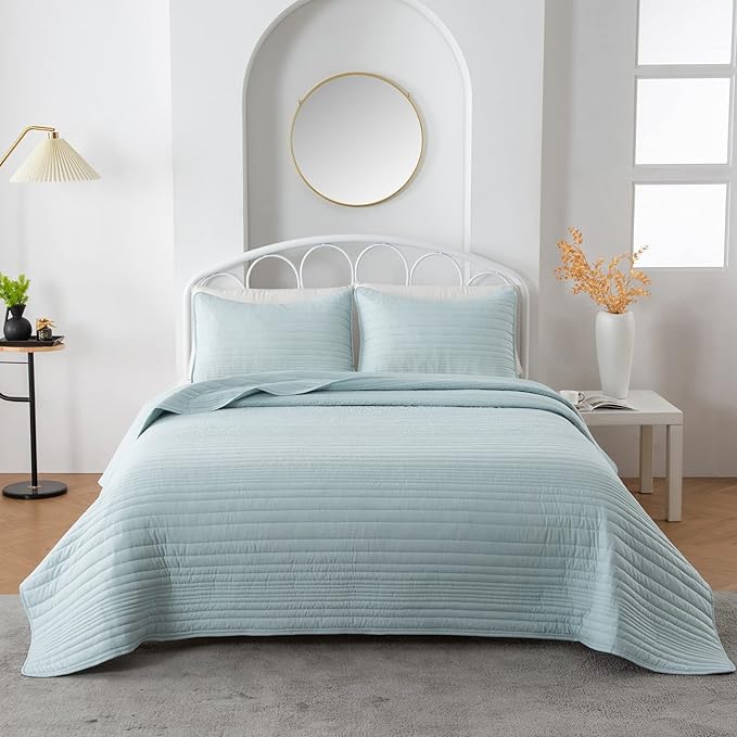Quilt Set Full Queen Size Aqua Blue | Lightweight Ultra Soft Microfiber Bedspread | 3 Piece Queen Coverlet for All Season | Parker Collection (F/Q, Aqua Blue)