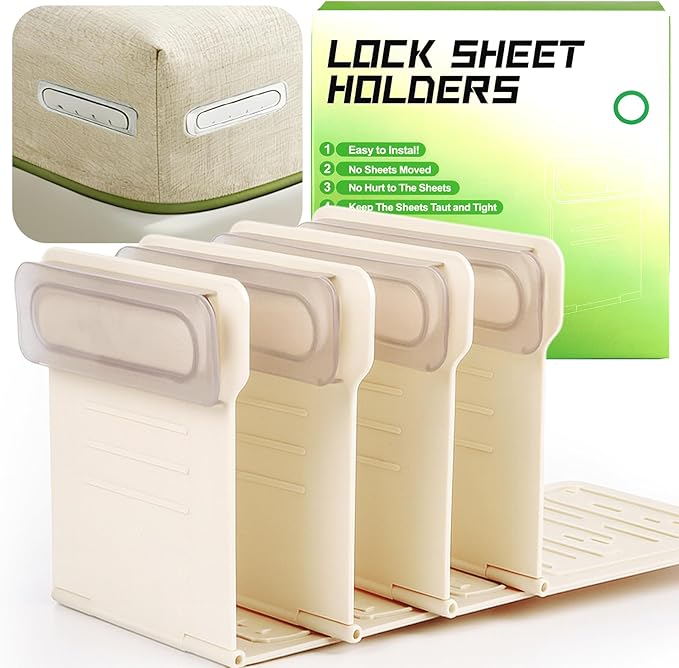 Upgrade Sheet Locks, 4Pcs Bed Sheet Grippers with Non-Slip Base, Compact Fitted Sheet Holders Keep Sheets Firm & Tight, Fit All Mattress Easy Install