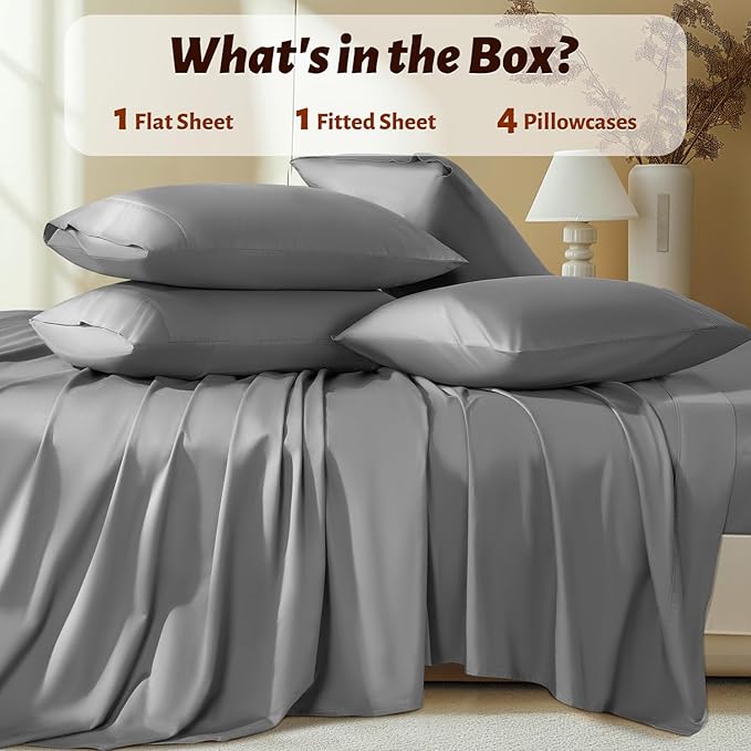 Shilucheng 100% Egyptian Cotton King Size Sheets Set - 1000 Thread Count，Luxury Cotton Bed Sheets，Breathable & Cooling Bedding and Pillow Cases, 16 Inch Deep Pocket - 6 Piece (King, Grey)