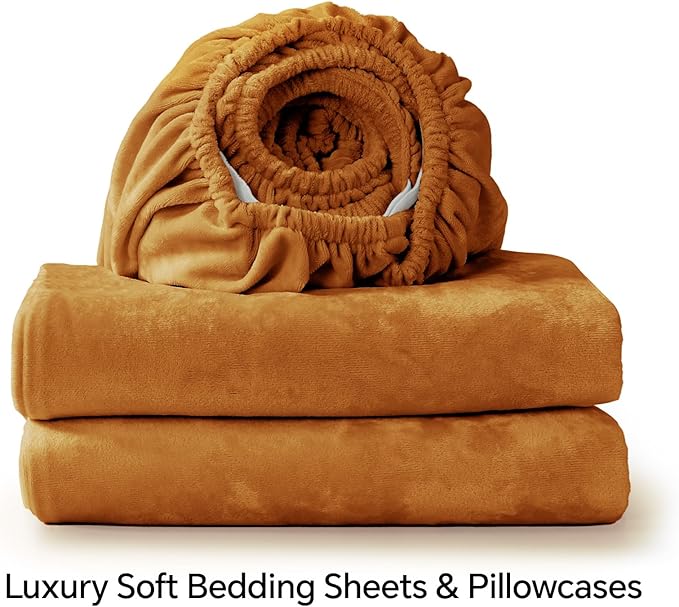 BEDELITE Velvet Fitted Sheet and Pillowcases Set, Luxury Soft Fuzzy Bottom Sheet with Reinforced Elastic Corner Straps, Deep Pocket up to 15", 1 Fitted Sheet and 2 Pillowcases (Queen, Burnt Orange)