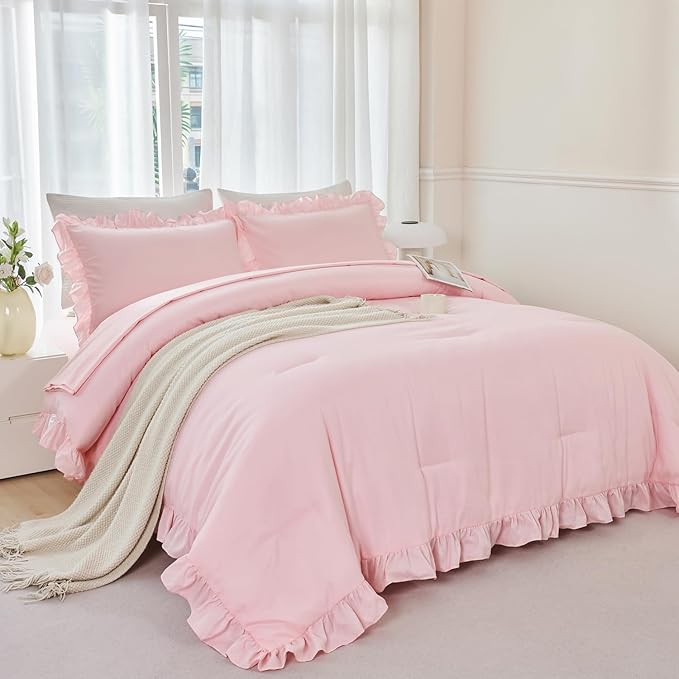 ANGIYUIN 5 Pieces Pink Twin Size Comforter Set for Girls Ruffled Kids Bed in A Bag with Sheet Sets Farmhouse Shabby Bedding Sets with Ruffle Soft Fluffy Bed Sets (Pink Twin)