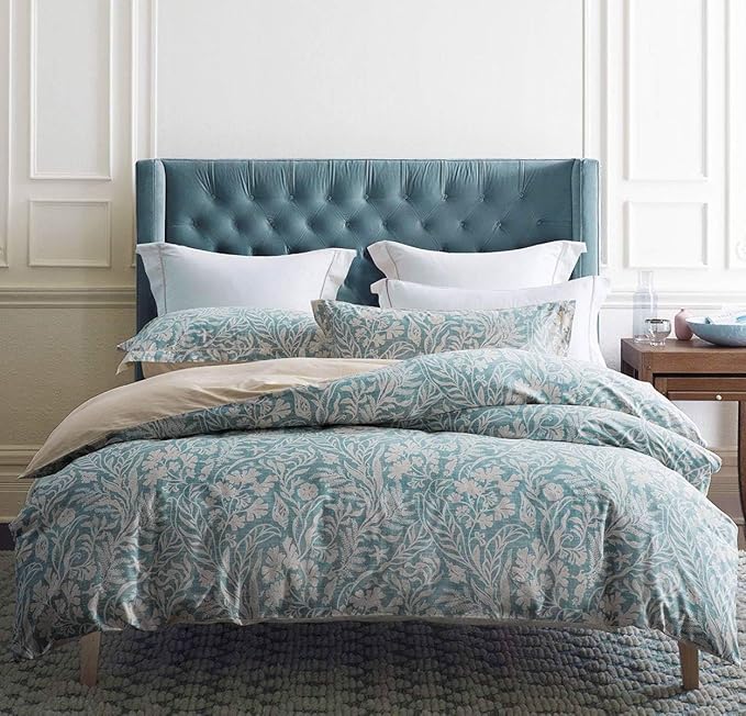 SLEEPBELLA Duvet Cover Full Size, 600 Thread Count Cotton Beige & Bluish Grey Printed with Luxurious Leaves Pattern Reversible Botanical Comforter Cover Sets, Bedding Set 3Pcs (Full Beige Paisley)