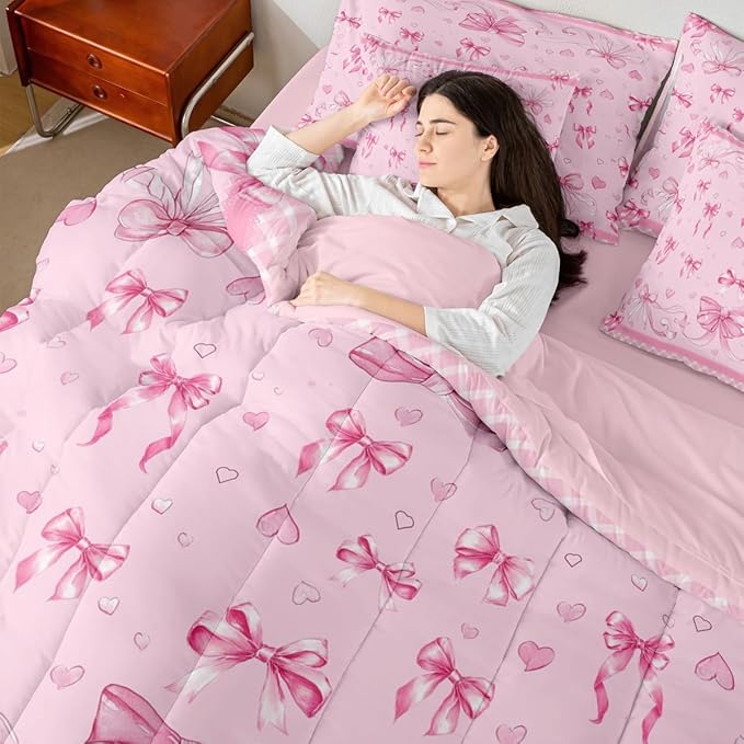 Feelyou Pink Bowknot Queen Comforter Set with Sheets for Kids Boys Girls Dreamy Princess 7 Pieces Bedding Set Cute Bow Bed in a Bag Love Hearts Room Decor Soft Lightweight Microfiber