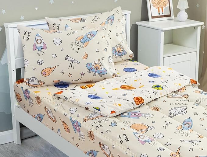 Meeting Story 3pcs Kids Comforter Set Zipper Bedding Set,Twin Space Bedding Set Comforter Set for Kid,All in one Zipper Bedding（Beige,Twin）