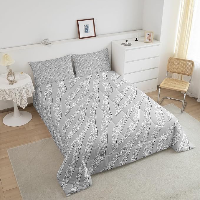 Feelyou Leopard Print Comforter Set Grey Silver Zebra Print Bedding Set Cheetah Glitter Comforter for Kids Boys Girls Women Africa Animal Fur Quilt Room Decor Duvet Set for All Season Full Size Boys