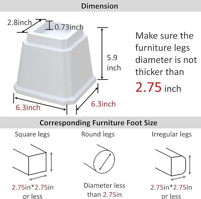 Bed Risers Heavy Duty 5 Inches Bed Elevators, Set of 6 Lifts Up 3,000 lbs Furniture Riser for Sofa and Table, White