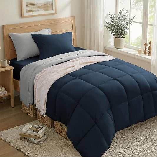Anluoer Twin Size Bed in a Bag 5 Pieces, Navy and Grey Bed Comforter Set with Sheets, All Season Bedding Sets with 1 Comforter, 1 Pillow Sham, 1 Pillowcase, 1 Flat Sheet, 1 Fitted Sheet