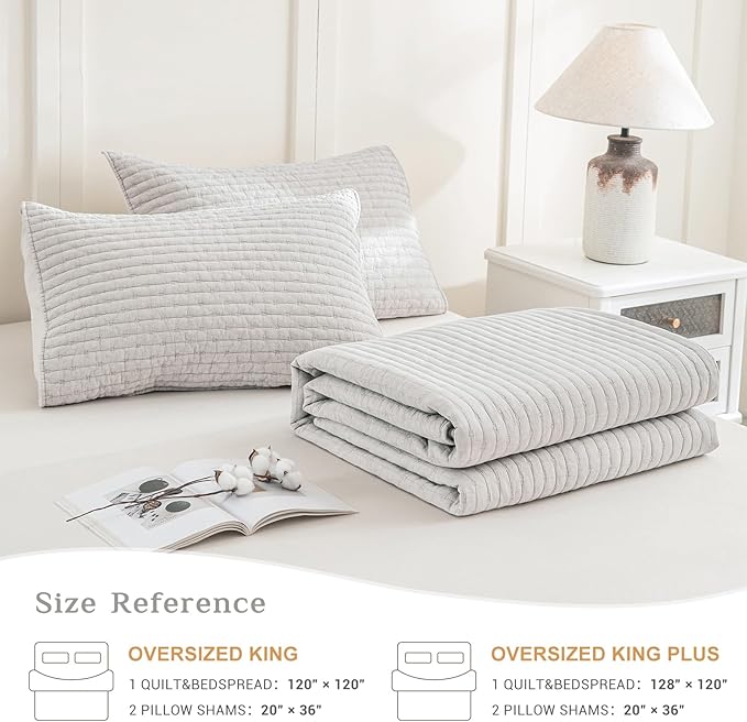 CozyTide Oversized King Quilt 120x120,Stone-Washed Cotton Oversized King Bedspread,3 Pieces Lightweight Ultra Soft Wheat Stitching Pattern California King Coverlet Set for All Season